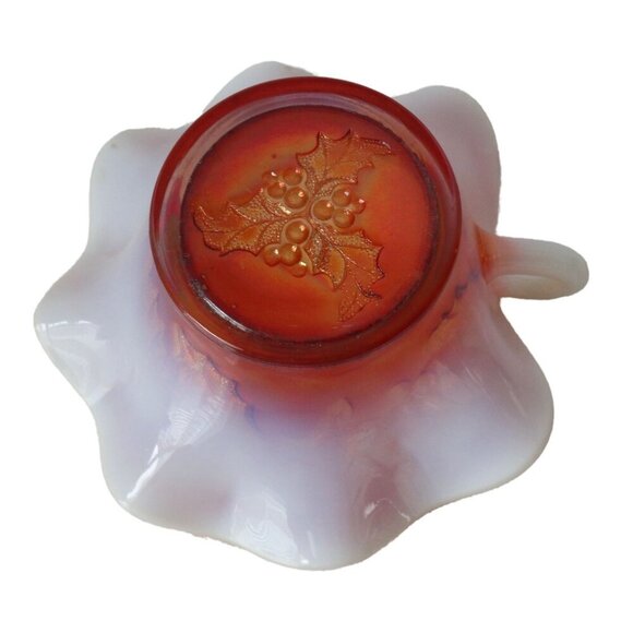 Vintage Carnival Glass Peach Opalescent Bowl w/Handle Holly Berry Pattern - Picture 5 of 6